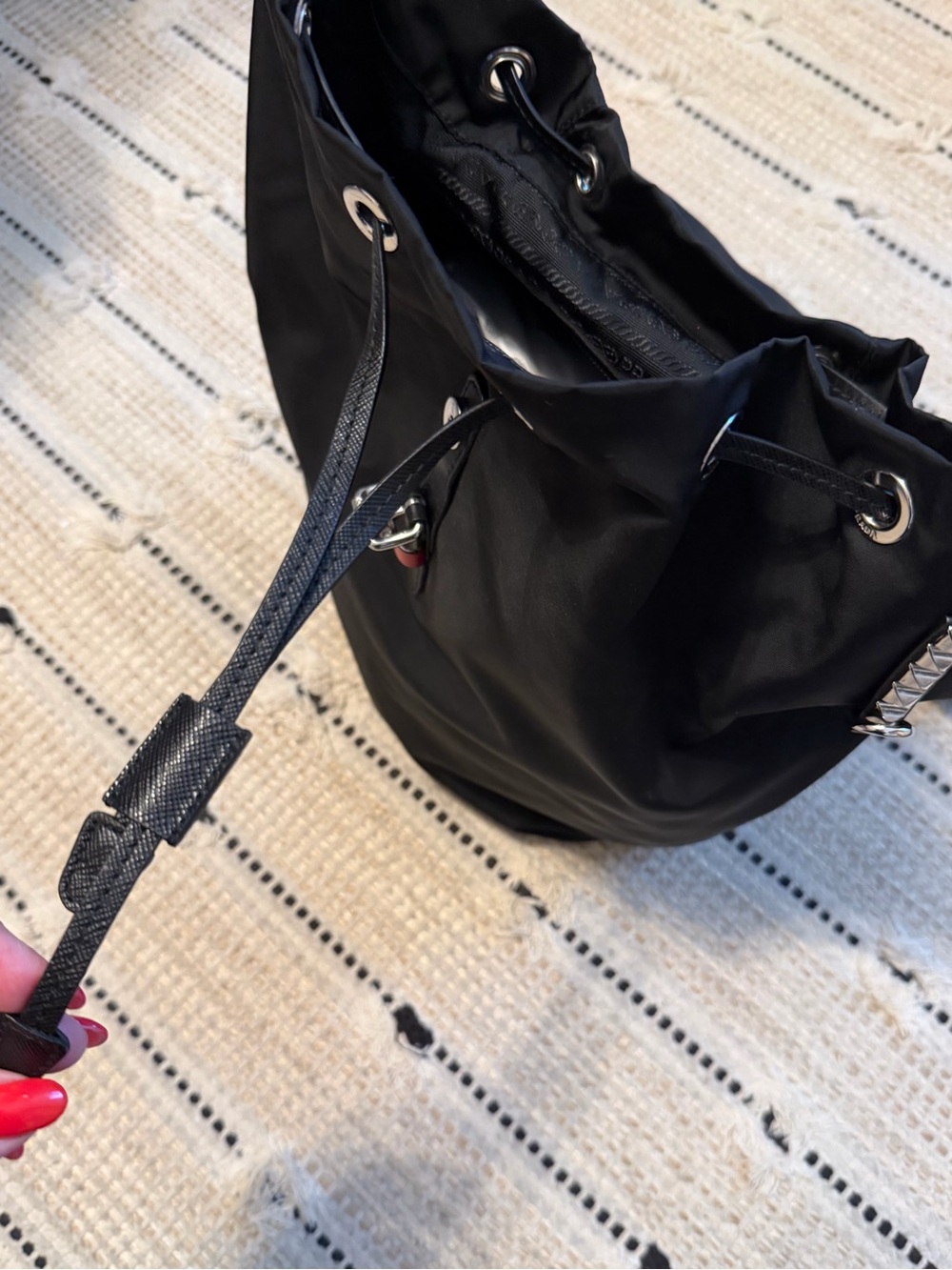 Prada Vela Black Nylon Backpack with Red Leather Studded Strap - Picture 6 of 8